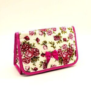 NaRaYa Magenta Pink Rose Floral Cotton Mirrored Makeup Case
